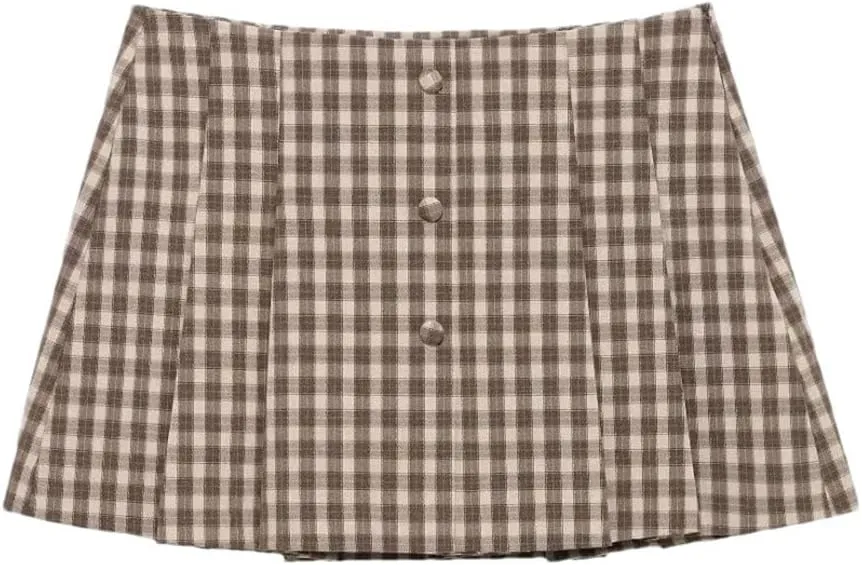 Women Plaid Mini Skirts Pleated Button Decor A-Line High Waist Classic Mini Skirts
