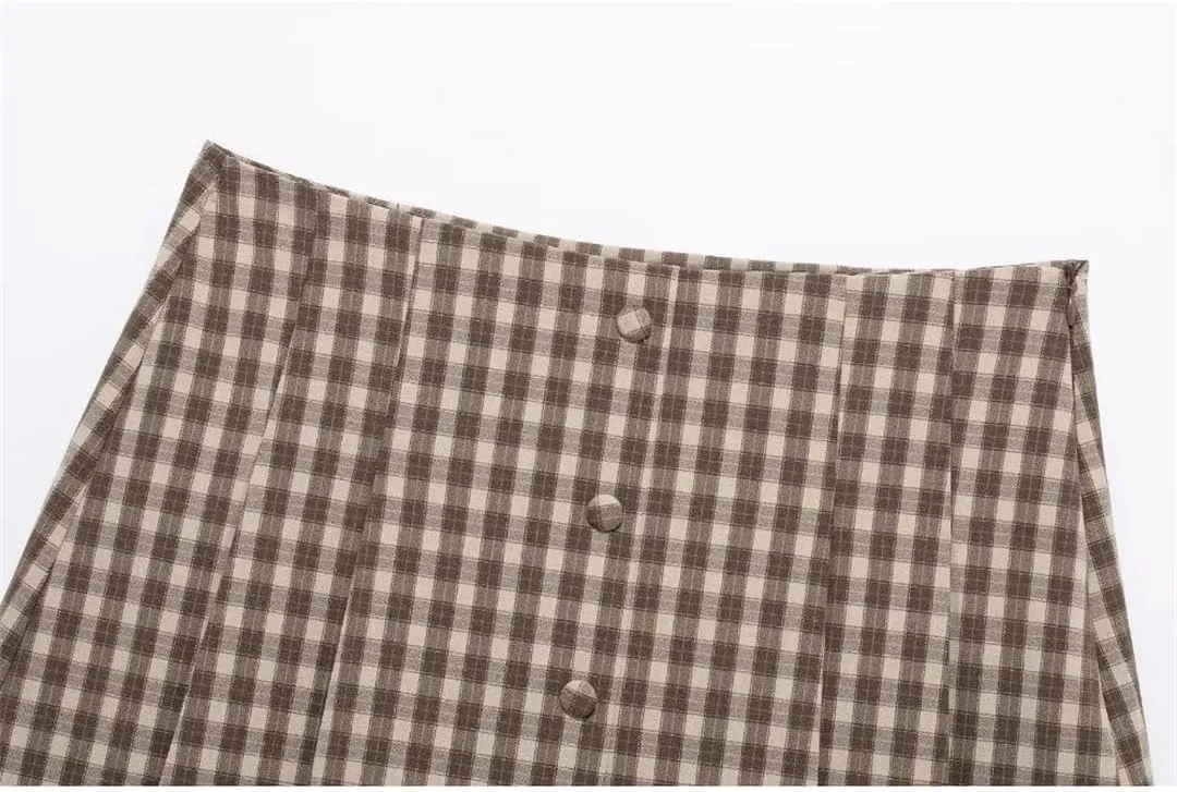 Women Plaid Mini Skirts Pleated Button Decor A-Line High Waist Classic Mini Skirts