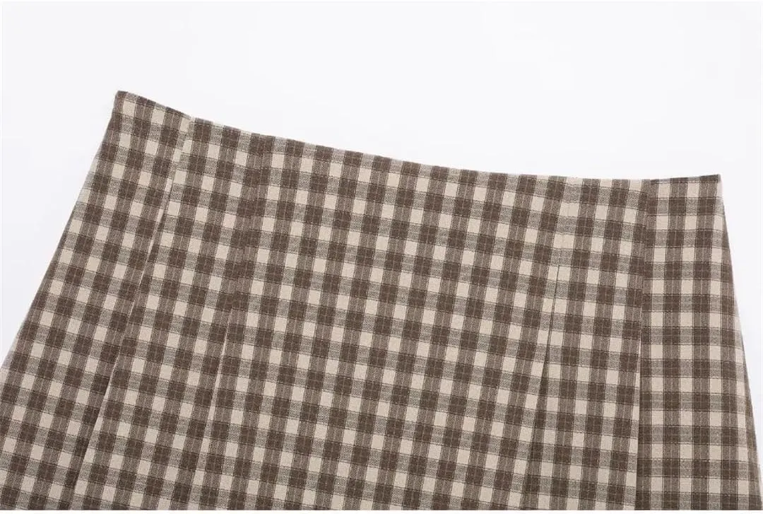 Women Plaid Mini Skirts Pleated Button Decor A-Line High Waist Classic Mini Skirts