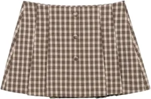 Women Plaid Mini Skirts Pleated Button Decor A-Line High Waist Classic Mini Skirts
