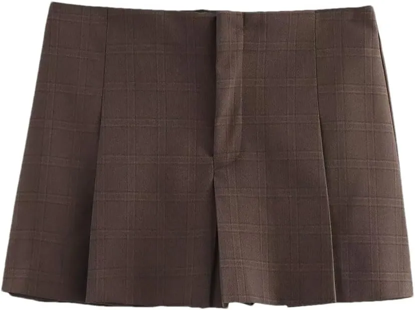 Women Plaid Short Mini Skirts Vintage High Waist Pleated A-Line Casual Shorts Skirts