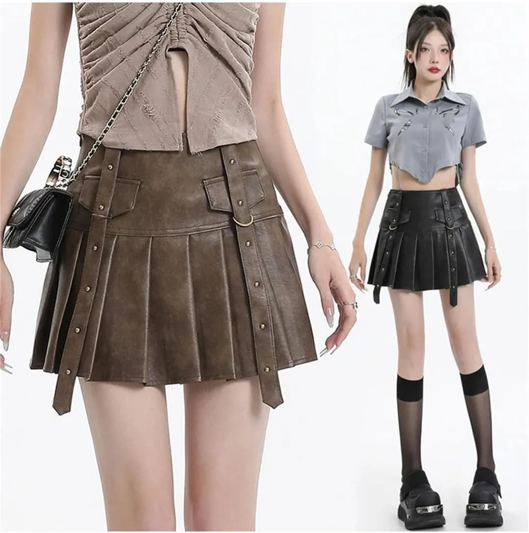 Women Pleated Leather Skirts Y2k Harajuku Korean A-Line Skirts Vintage Punk Mini Skirt