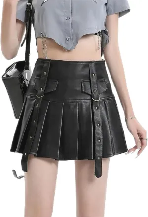 Women Pleated Leather Skirts Y2k Harajuku Korean A-Line Skirts Vintage Punk Mini Skirt