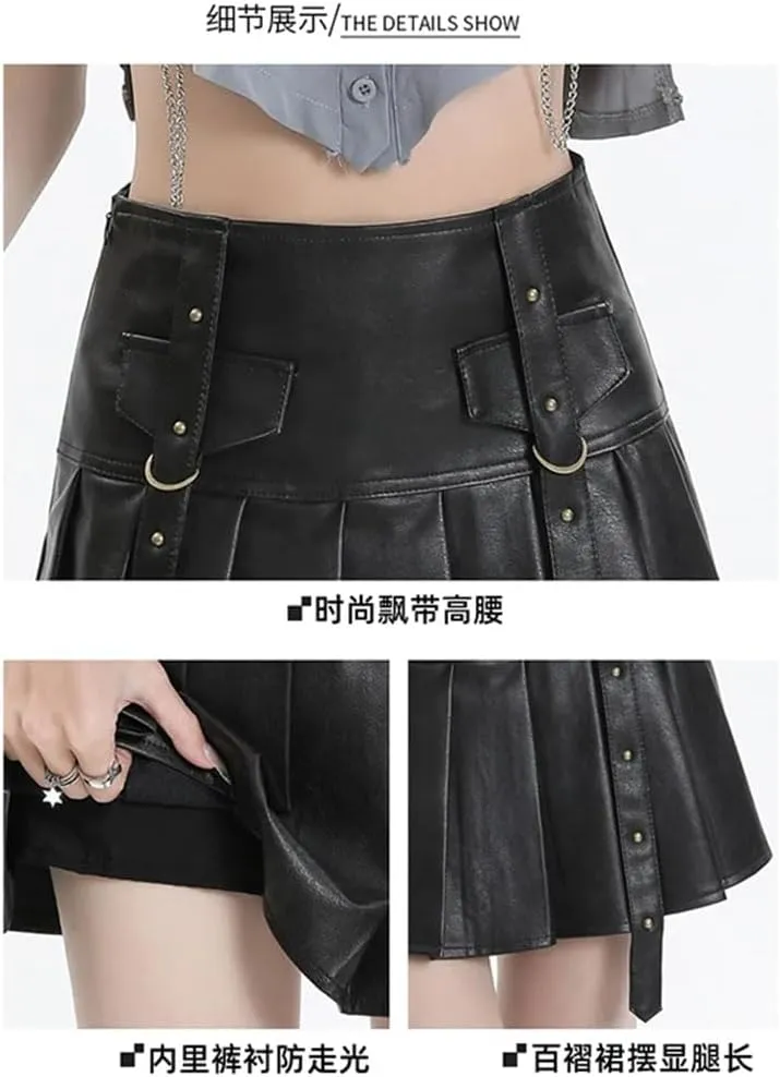 Women Pleated Leather Skirts Y2k Harajuku Korean A-Line Skirts Vintage Punk Mini Skirt