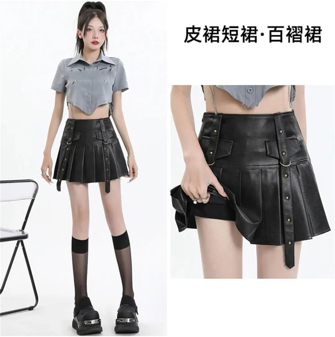 Women Pleated Leather Skirts Y2k Harajuku Korean A-Line Skirts Vintage Punk Mini Skirt
