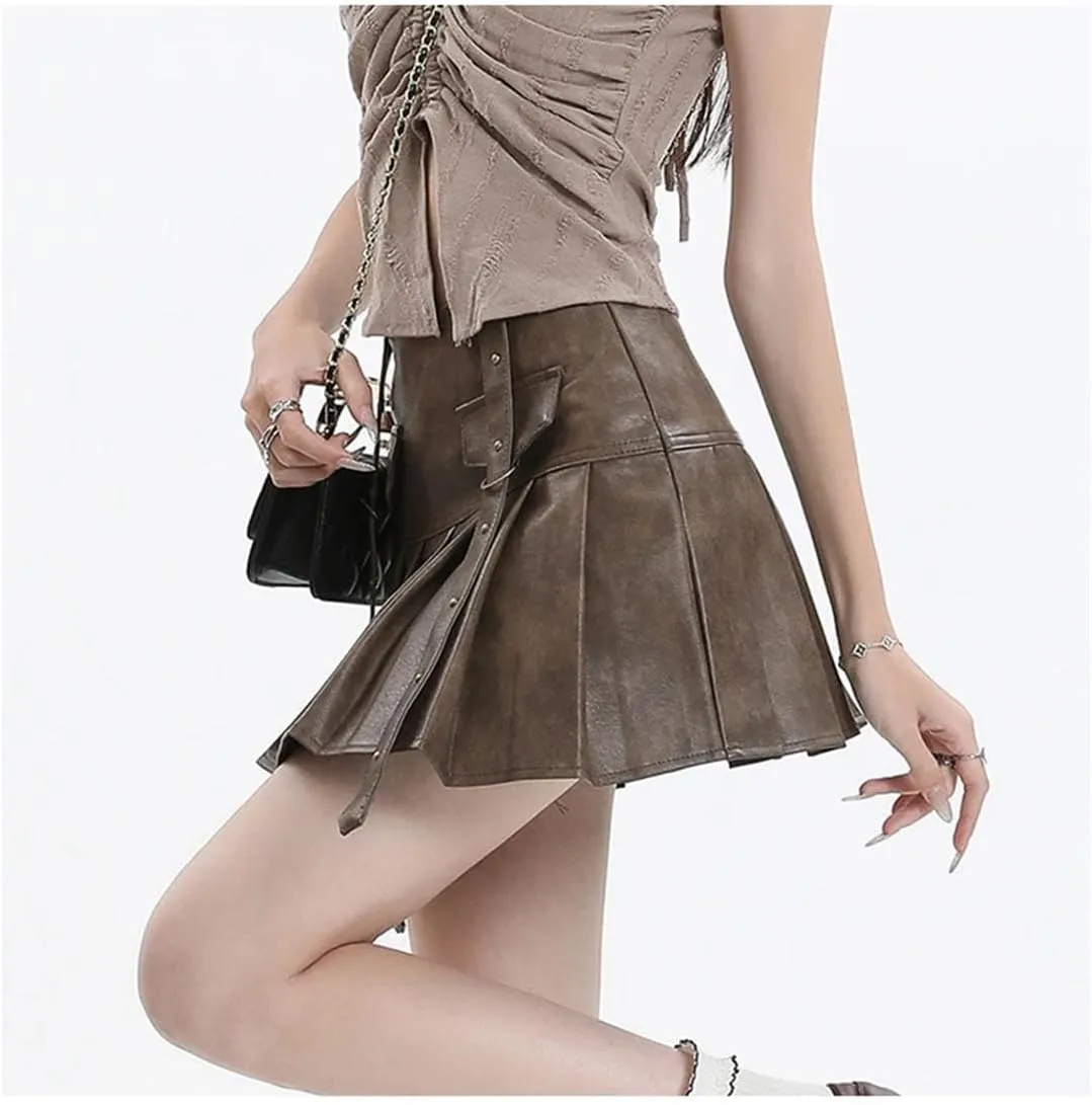Women Pleated Leather Skirts Y2k Harajuku Korean A-Line Skirts Vintage Punk Mini Skirt