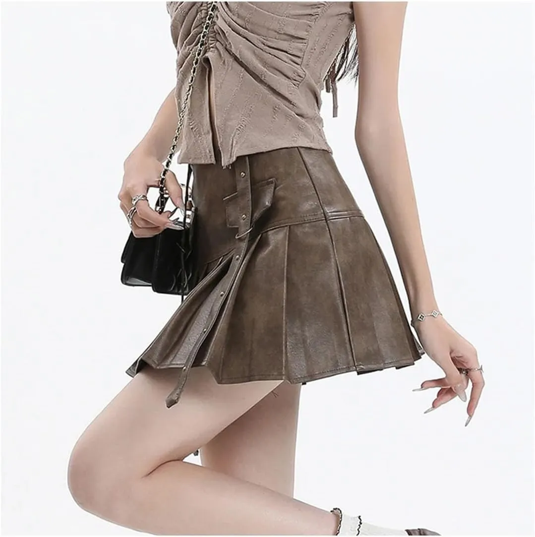 Women Pleated Leather Skirts Y2k Harajuku Korean A-Line Skirts Vintage Punk Mini Skirt
