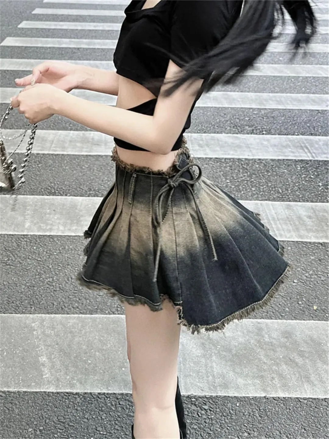 Women Pleated Skirts Slim Gothic Denim Mini Vintage Short Skirt