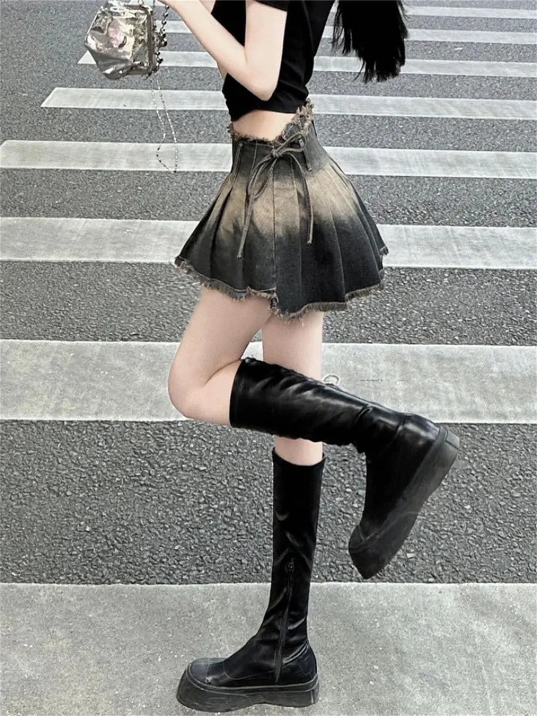 Women Pleated Skirts Slim Gothic Denim Mini Vintage Short Skirt
