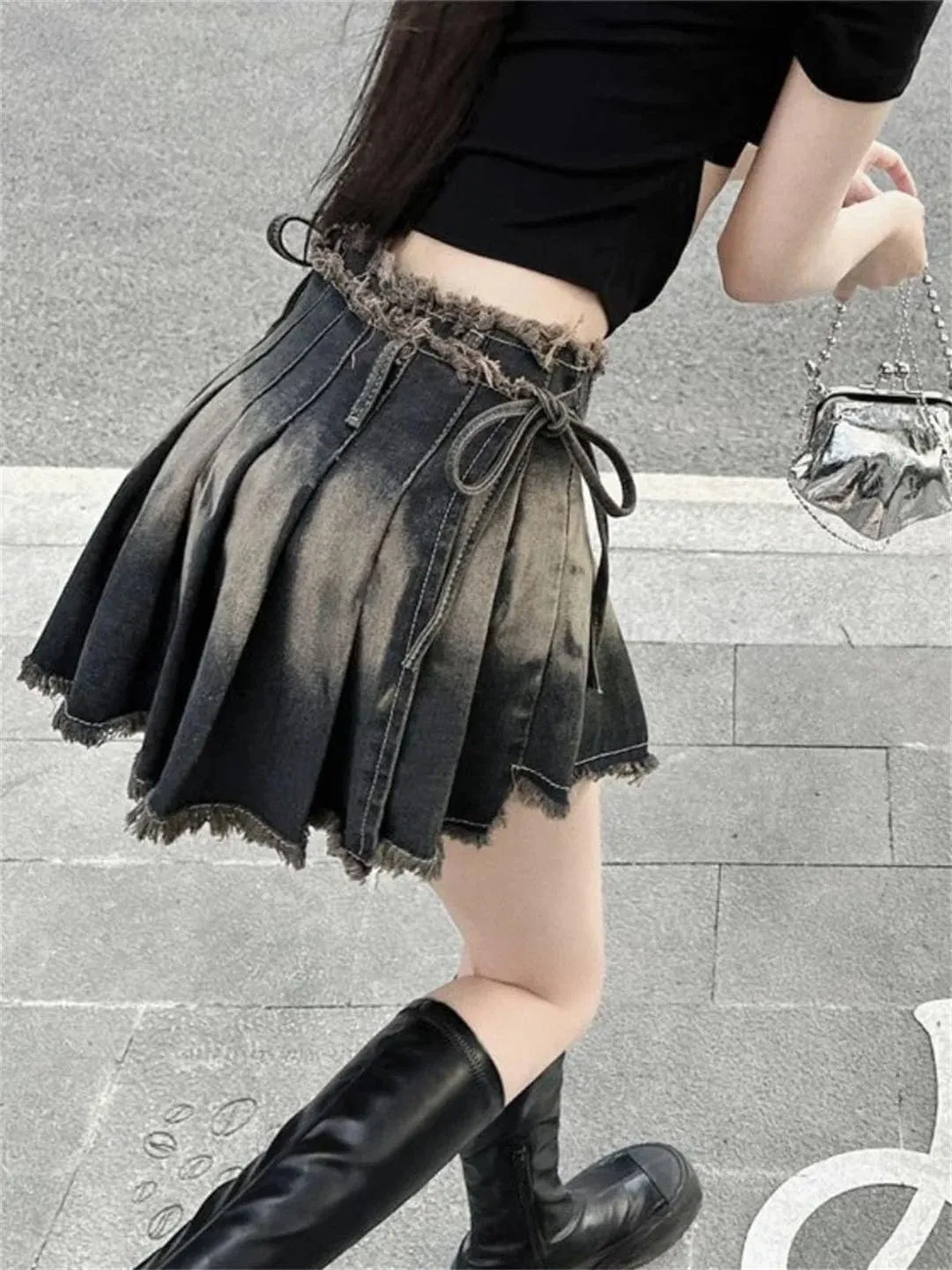 Women Pleated Skirts Slim Gothic Denim Mini Vintage Short Skirt