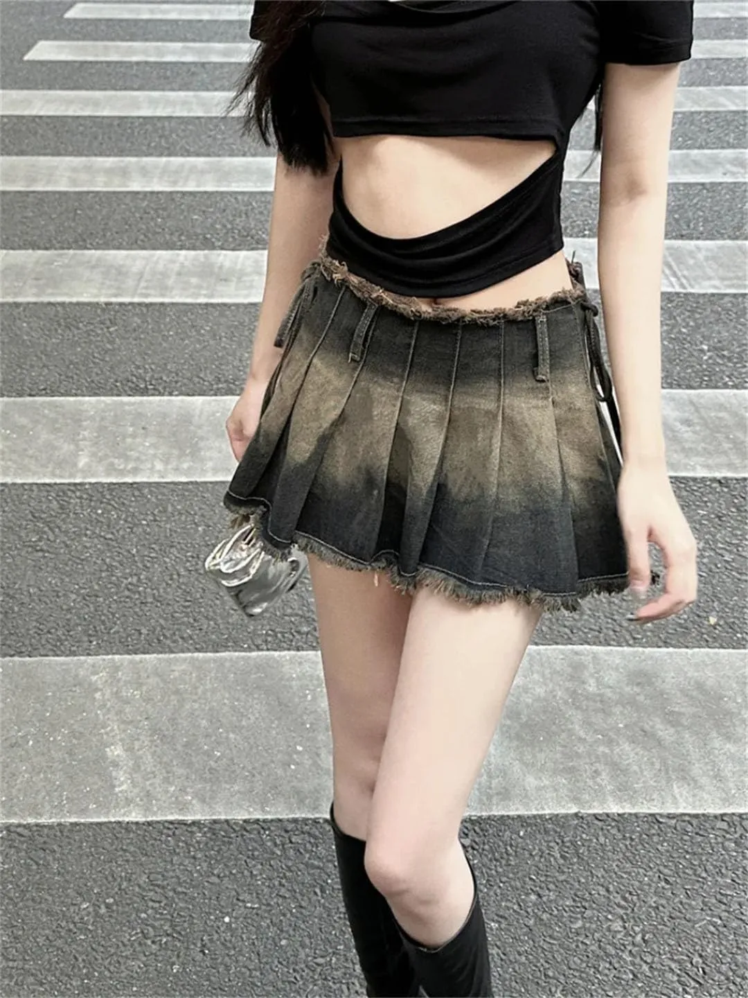 Women Pleated Skirts Slim Gothic Denim Mini Vintage Short Skirt