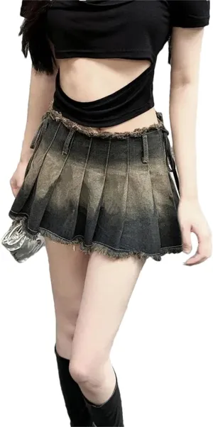 Women Pleated Skirts Slim Gothic Denim Mini Vintage Short Skirt