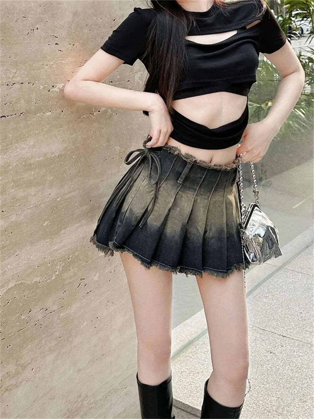 Women Pleated Skirts Slim Gothic Denim Mini Vintage Short Skirt