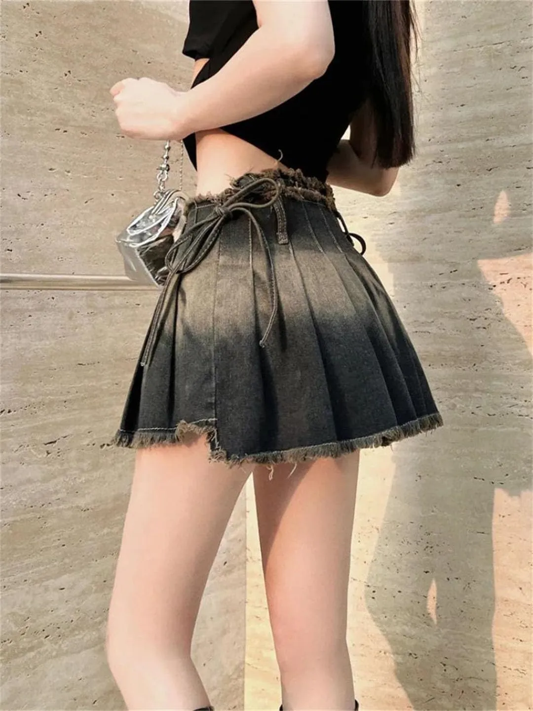 Women Pleated Skirts Slim Gothic Denim Mini Vintage Short Skirt