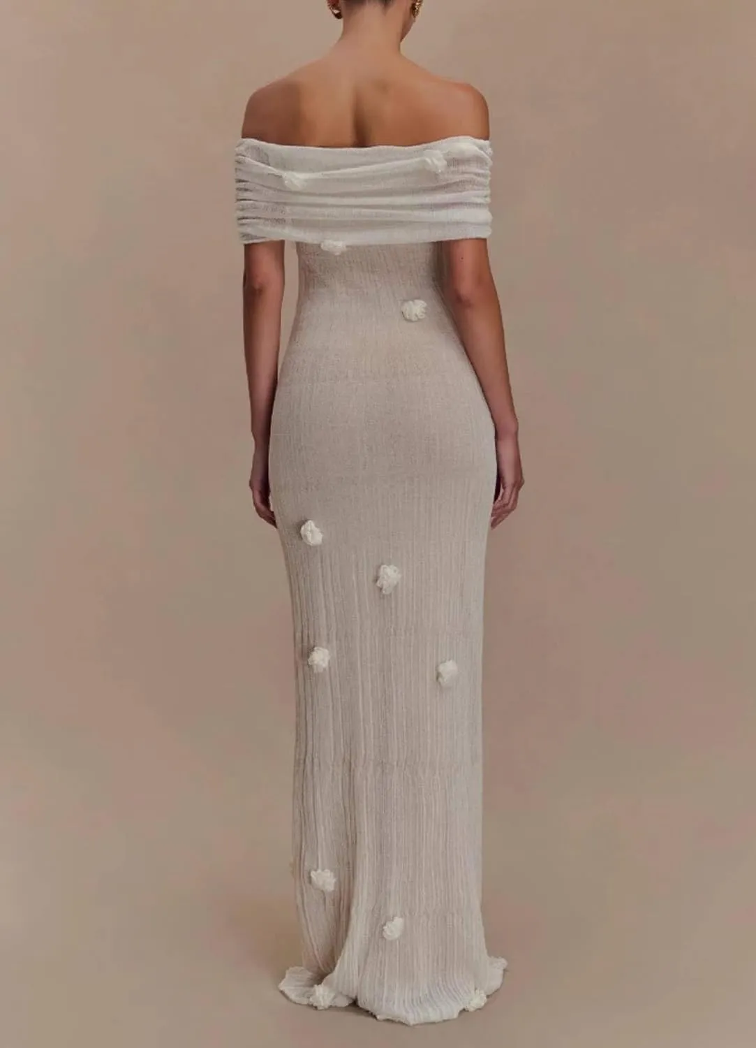Women Sexy Off Shoulder Crochet Maxi Dress Elegant Long Sleeve Ruched Bodycon Knit Mesh Sheer Beach Vacation Party Dress