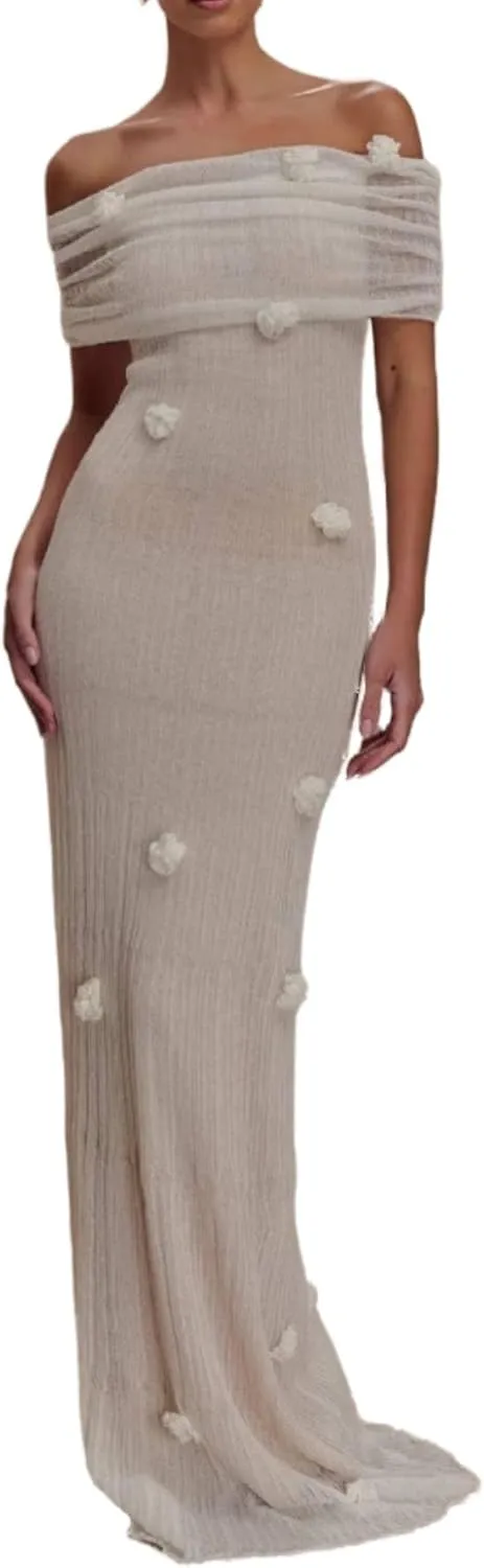Women Sexy Off Shoulder Crochet Maxi Dress Elegant Long Sleeve Ruched Bodycon Knit Mesh Sheer Beach Vacation Party Dress