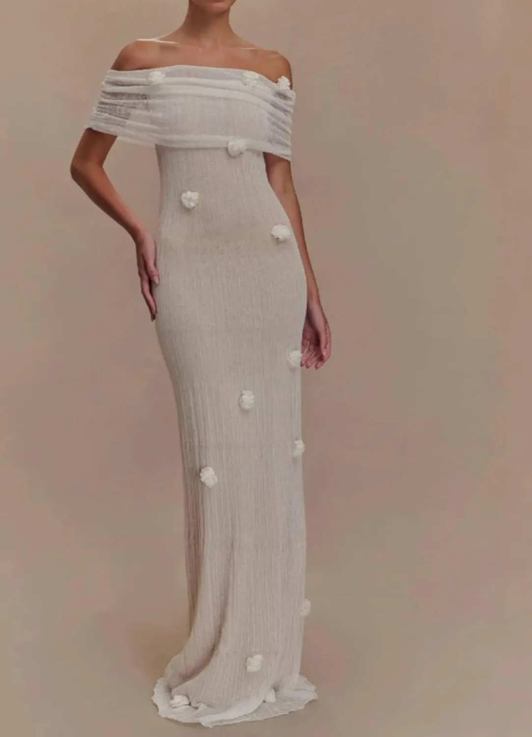 Women Sexy Off Shoulder Crochet Maxi Dress Elegant Long Sleeve Ruched Bodycon Knit Mesh Sheer Beach Vacation Party Dress