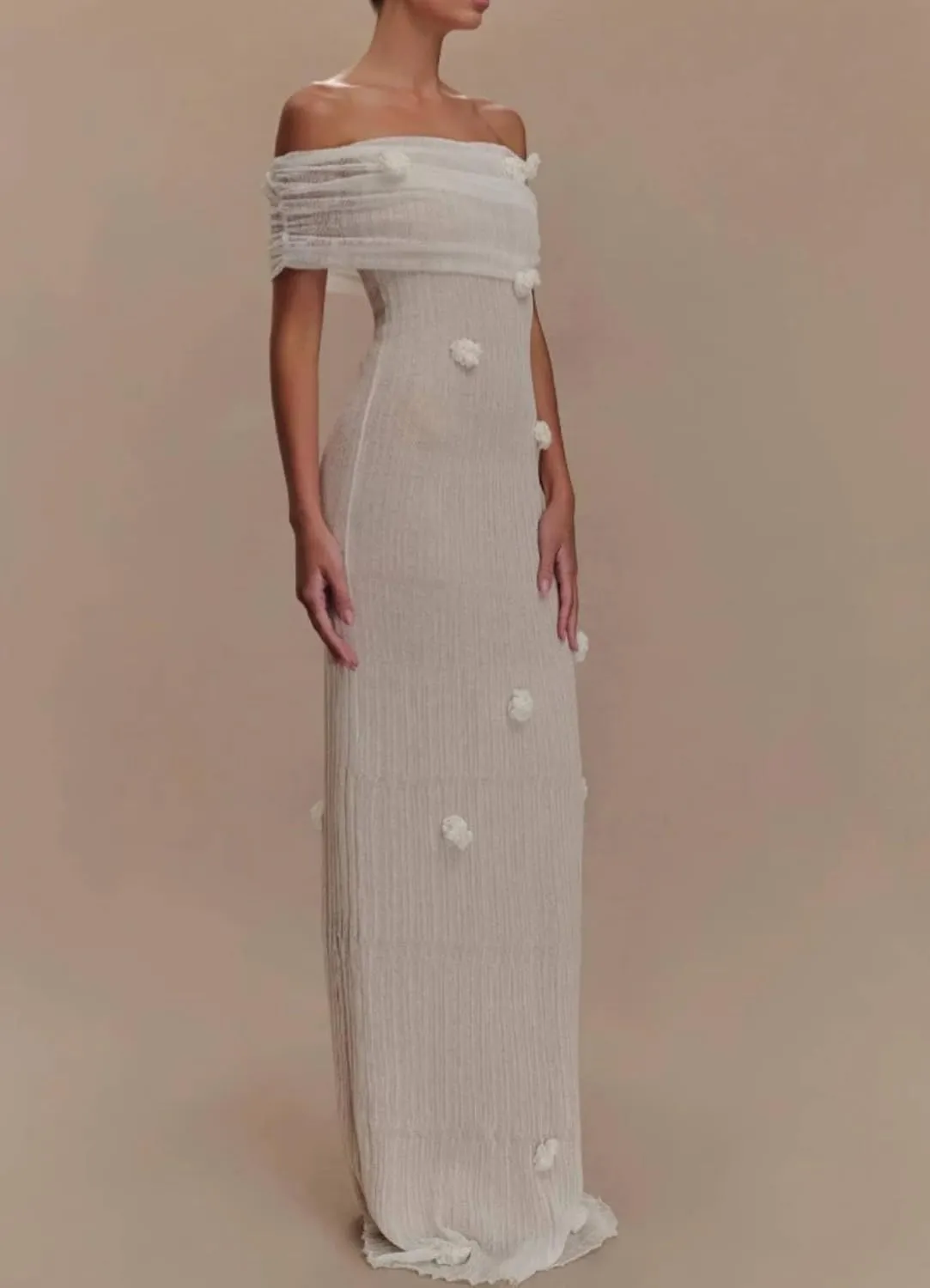Women Sexy Off Shoulder Crochet Maxi Dress Elegant Long Sleeve Ruched Bodycon Knit Mesh Sheer Beach Vacation Party Dress