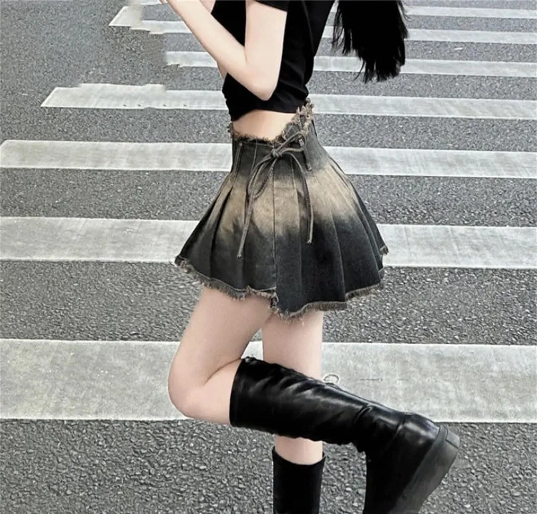 Women Slim Summer Denim Mini Vintage Fashion Pleated Skirts