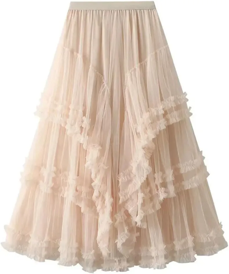 Women Slimming Multi-Layered Chiffon Ball Dress Elegant High Waisted Mesh A-Line Skirt