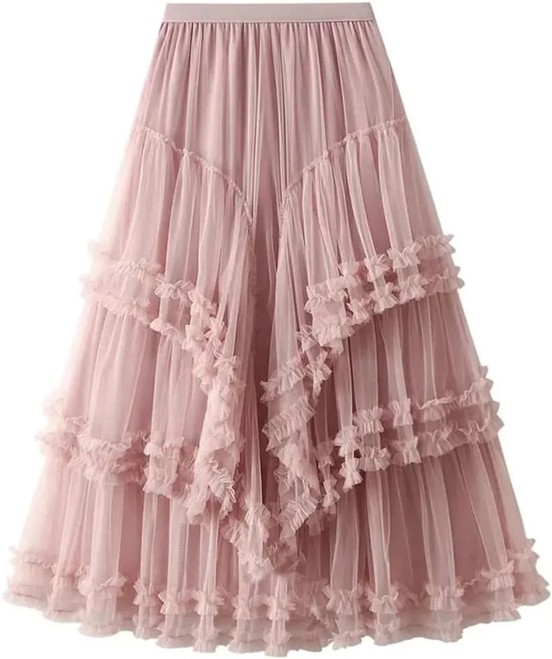 Women Slimming Multi-Layered Chiffon Ball Dress Elegant High Waisted Mesh A-Line Skirt