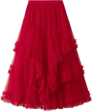 Women Slimming Multi-Layered Chiffon Ball Dress Elegant High Waisted Mesh A-Line Skirt