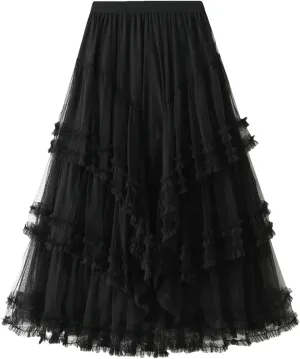 Women Slimming Multi-Layered Chiffon Ball Dress Elegant High Waisted Mesh A-Line Skirt