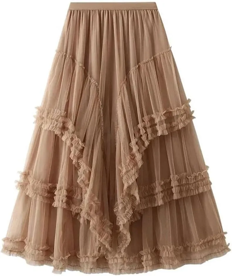 Women Slimming Multi-Layered Chiffon Ball Dress Elegant High Waisted Mesh A-Line Skirt