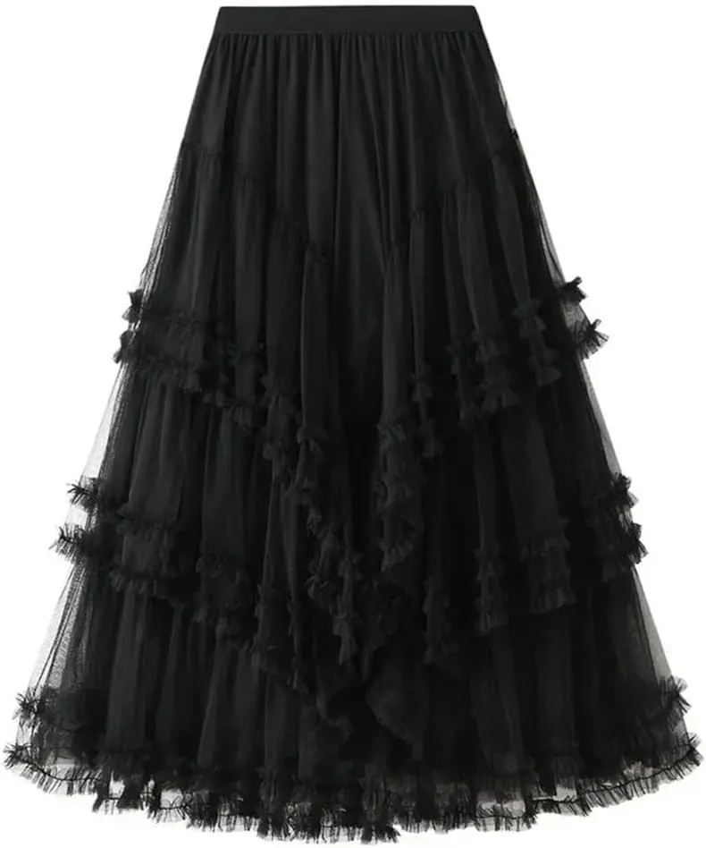 Women Slimming Multi-Layered Chiffon Ball Dress Elegant High Waisted Mesh A-Line Skirt