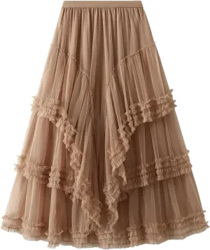 Women Slimming Multi-Layered Chiffon Ball Dress Elegant High Waisted Mesh A-Line Skirt