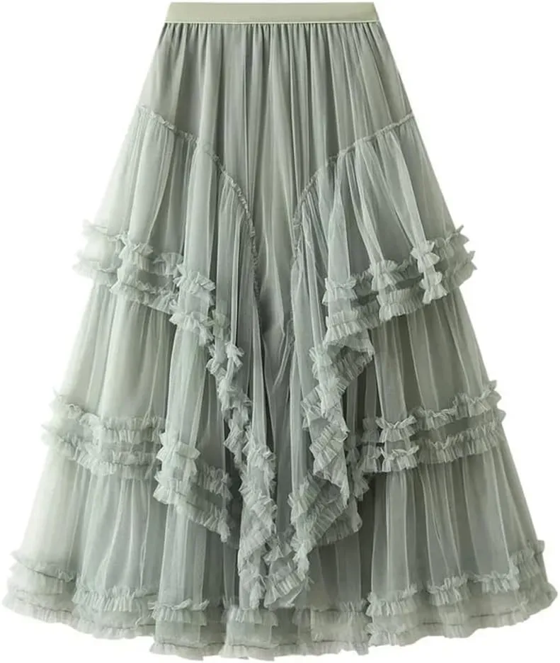 Women Slimming Multi-Layered Chiffon Ball Dress Elegant High Waisted Mesh A-Line Skirt