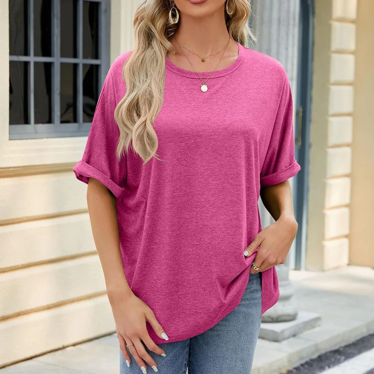 Women Solid Basic Oversized T Shirt Rolled Short Sleeve Round Neck Shirts Loose Fit Tee Casual Pullover Top Blouse