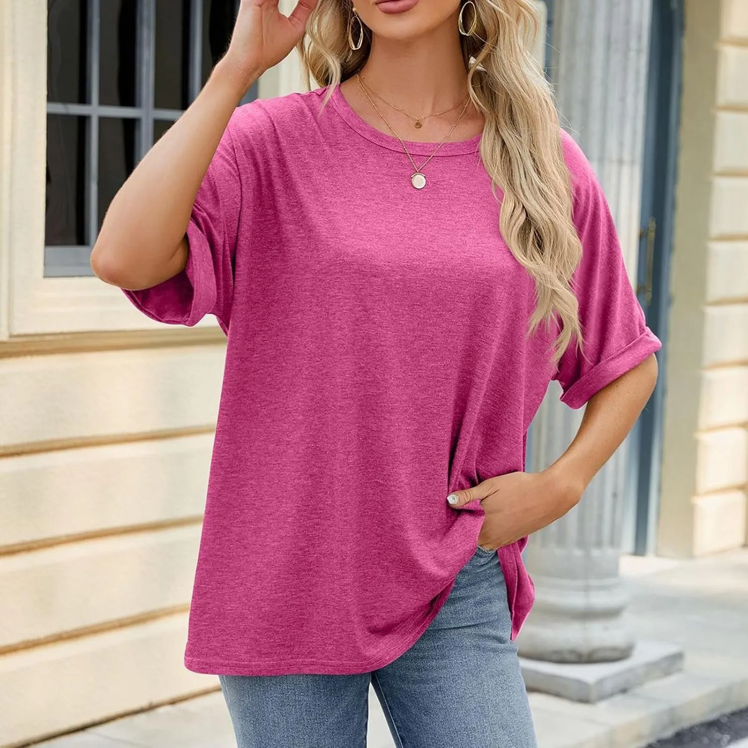 Women Solid Basic Oversized T Shirt Rolled Short Sleeve Round Neck Shirts Loose Fit Tee Casual Pullover Top Blouse