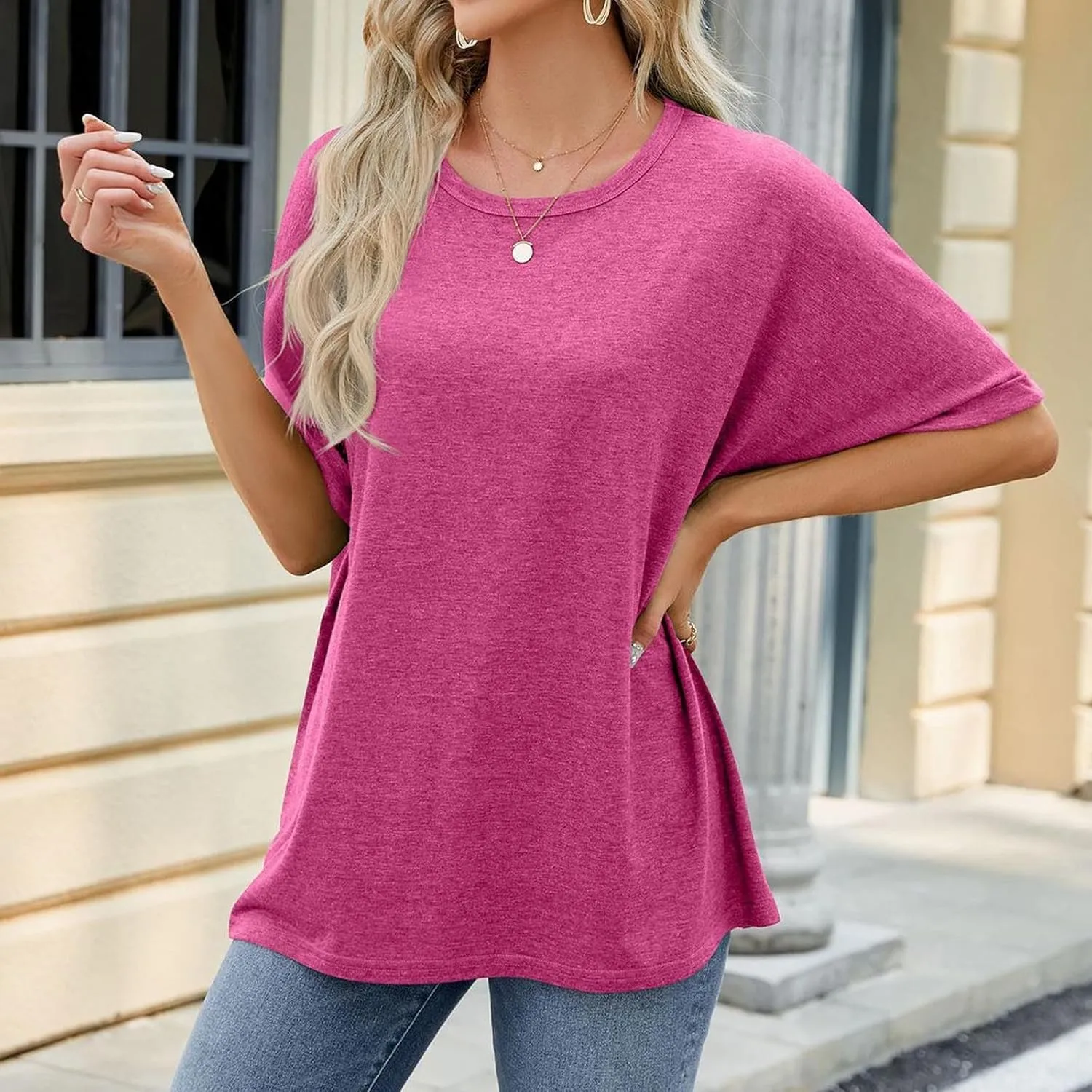 Women Solid Basic Oversized T Shirt Rolled Short Sleeve Round Neck Shirts Loose Fit Tee Casual Pullover Top Blouse