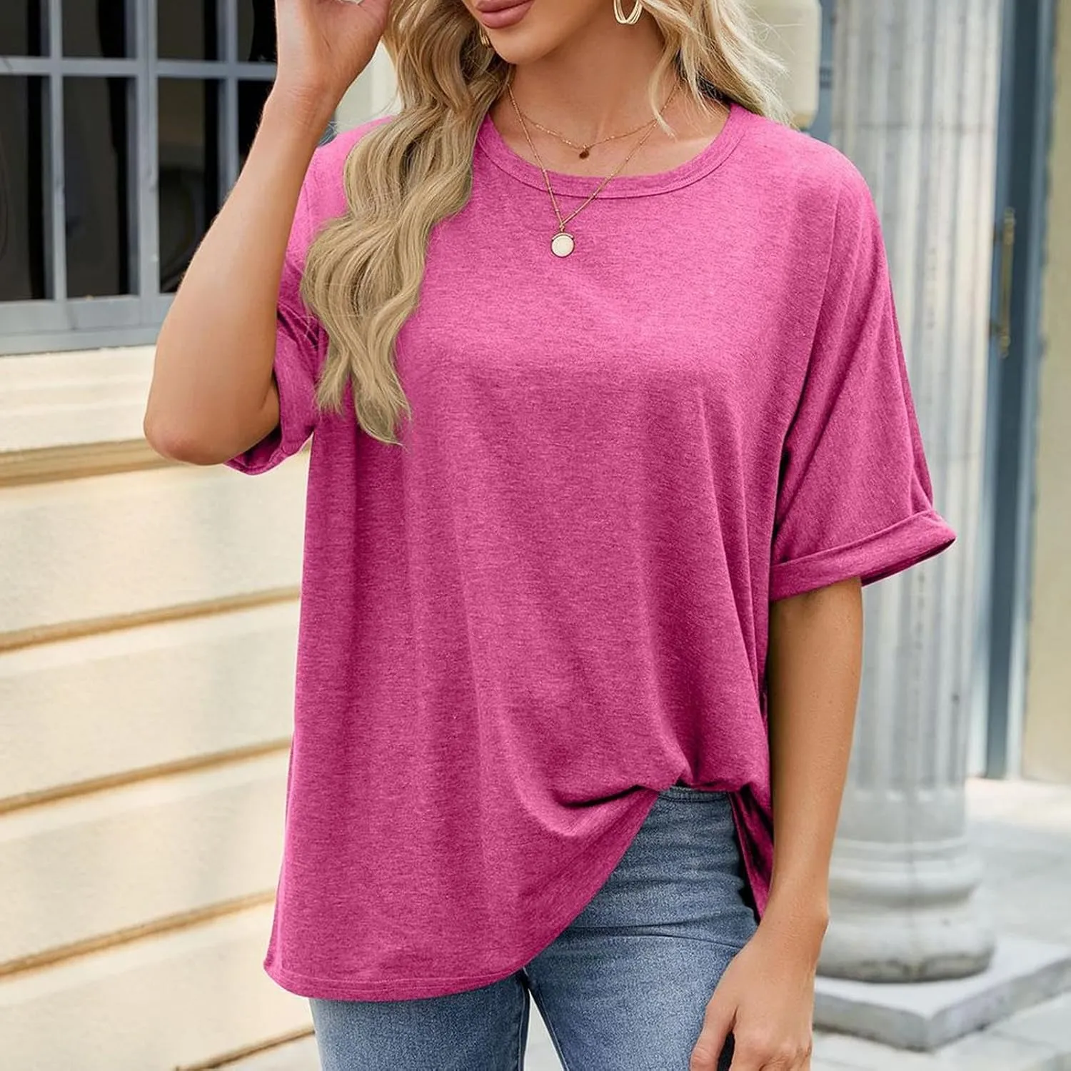 Women Solid Basic Oversized T Shirt Rolled Short Sleeve Round Neck Shirts Loose Fit Tee Casual Pullover Top Blouse