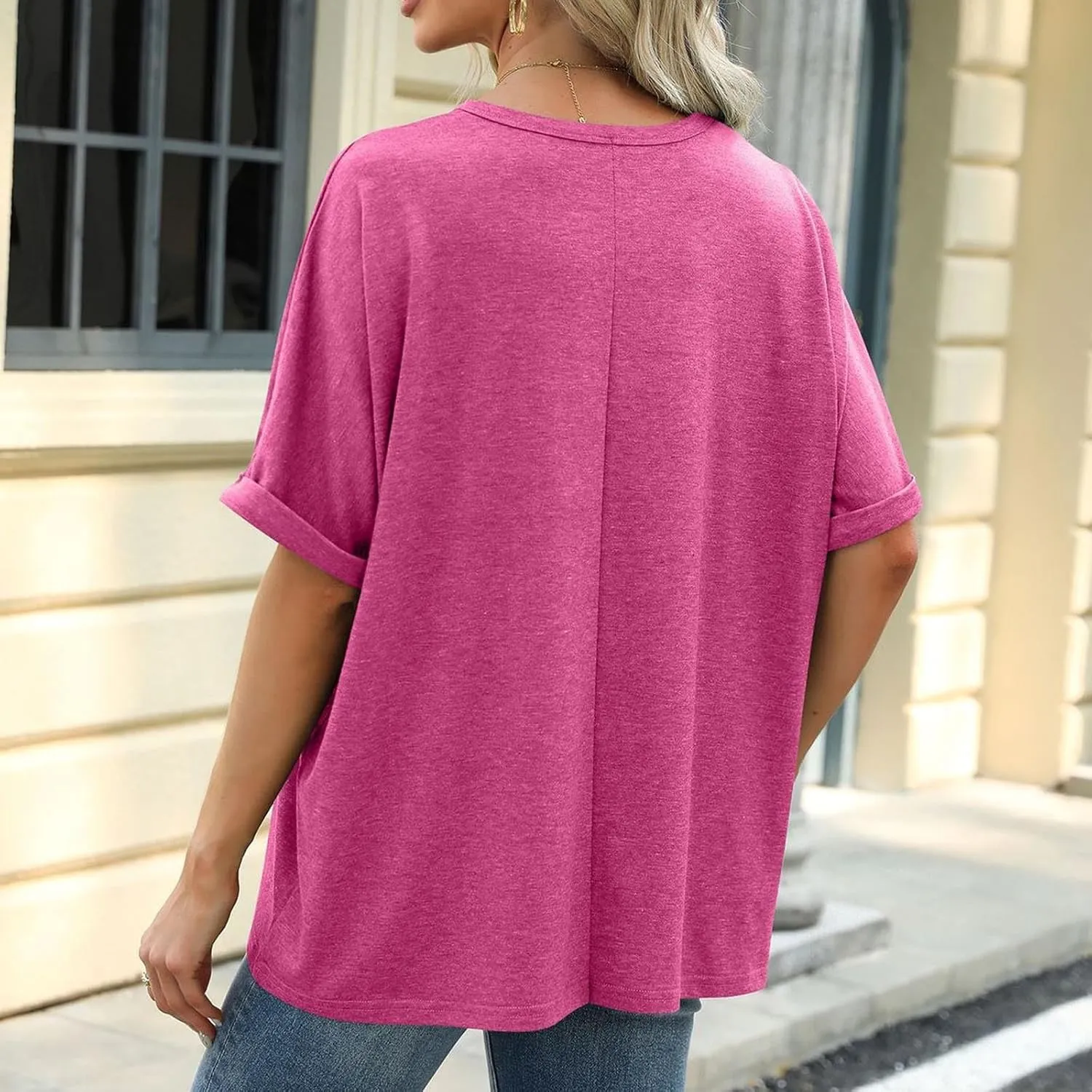 Women Solid Basic Oversized T Shirt Rolled Short Sleeve Round Neck Shirts Loose Fit Tee Casual Pullover Top Blouse