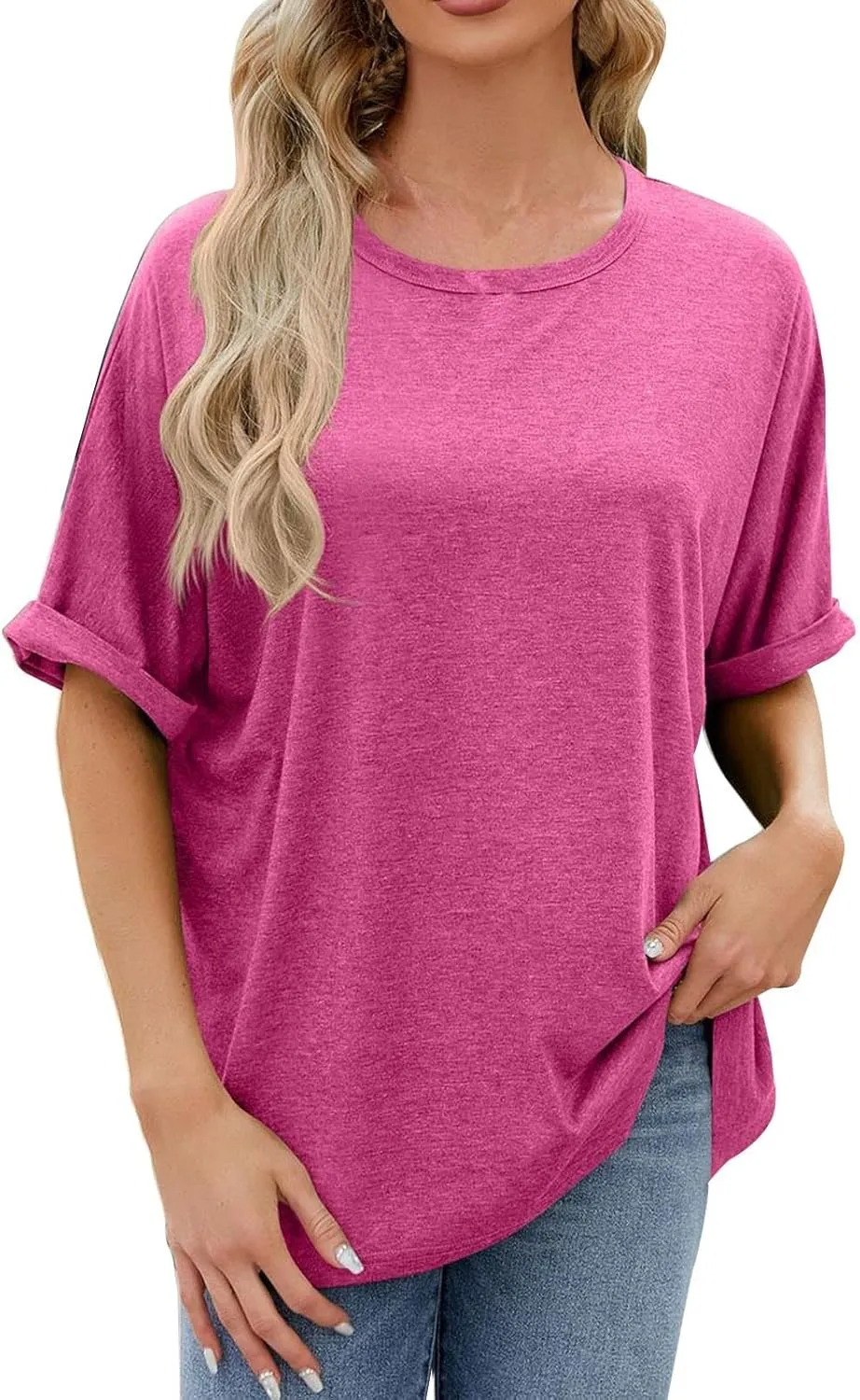 Women Solid Basic Oversized T Shirt Rolled Short Sleeve Round Neck Shirts Loose Fit Tee Casual Pullover Top Blouse