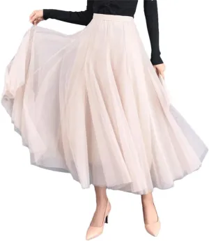 Women Solid High Waist Tulle Mesh Loose A-Line Skirts
