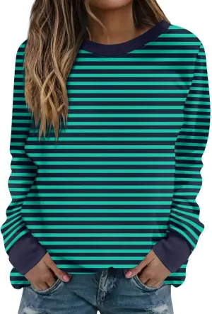 Women Striped Crewneck Sweatshirts Trendy 2024 Pullover Tops Long Sleeve Preppy Shirts Fall Fashion Clothing
