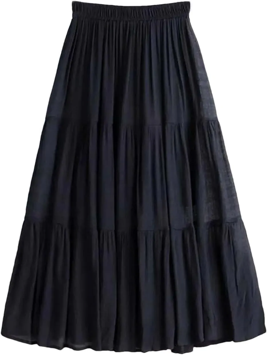 Women Summer A-Line Solid Patchwork Casual Loose Pleated Skirts