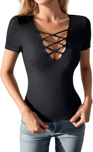 Women Summer Cut Out V Neck Tops Short Sleeve Slim Fit Tee Shirts Going Out Top Beach Vacation Clothes 2025