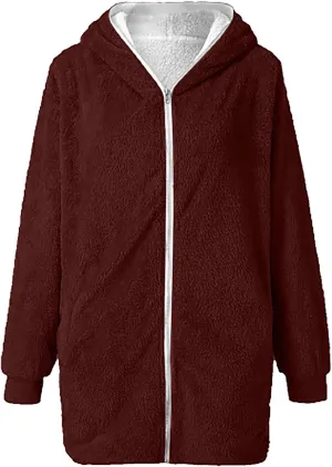 Women Teen Girls Plush Sherpa Jackets Zip Hoodie Quilted Lightweight Wool Blend Fleece Winter Trench Coats Outerwear