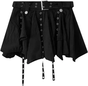 Women Vintage Western Denim Mini Dress Irregular Pleated Tassel Skirt
