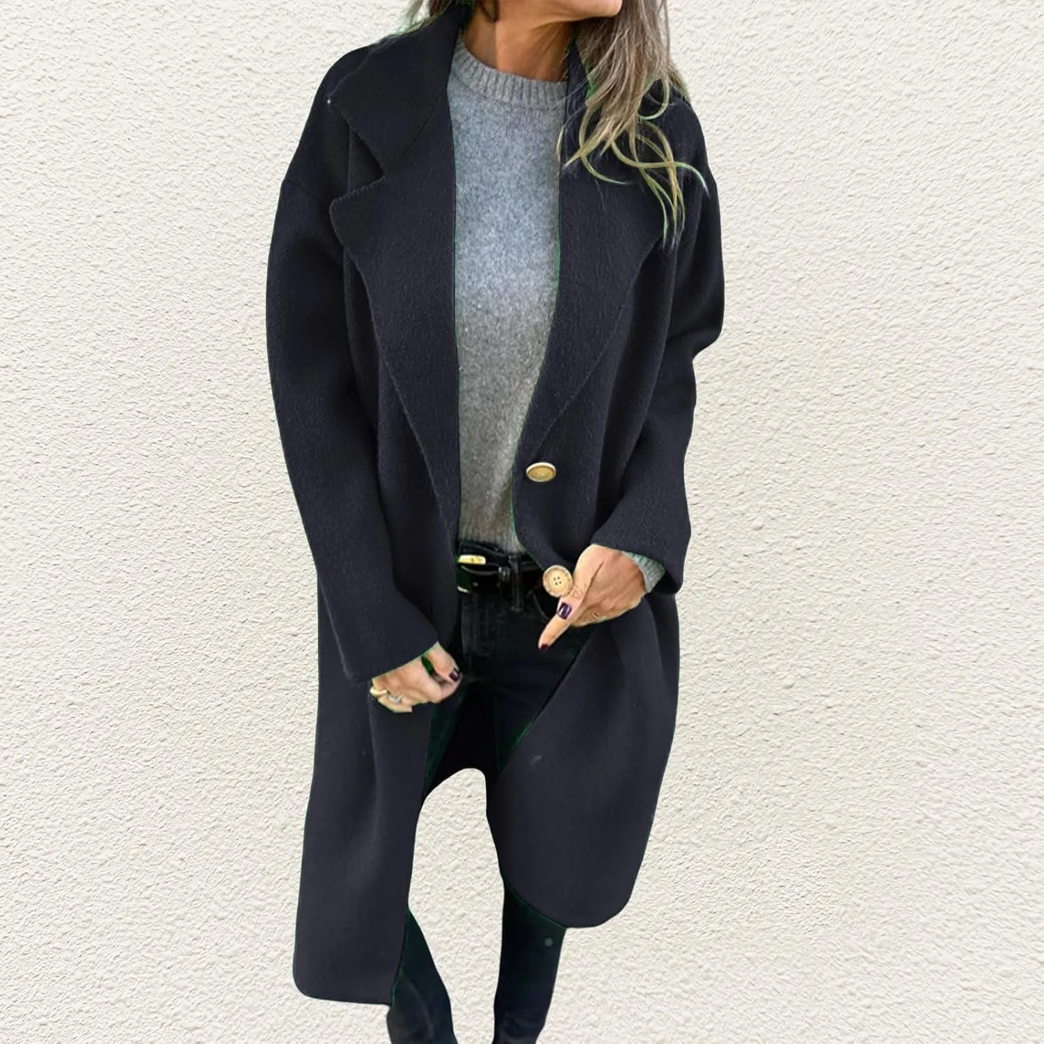 Women Winter Trench Coat Oversized Wool Blend Overcoat Notch Lapel Button Down Jacket Coats Casual Loose Fit Outwear
