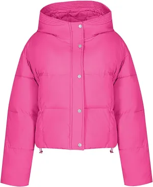 Women Winter Warm Coat Thicken Casual Solid Cropped Puffer Jacket Insulated Zip Up Hooded Overcoat with Pocket