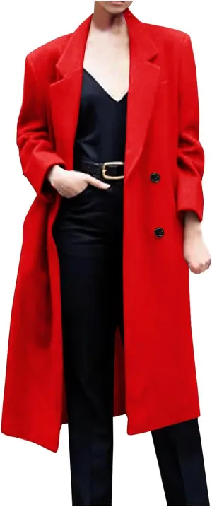 Women Winter Wool Blend Mid-Long Coat Notch Double-Breasted Lapel Jacket Outwear Business Casual Trench Coat Overcoats