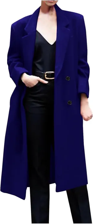 Women Winter Wool Blend Mid-Long Coat Notch Double-Breasted Lapel Jacket Outwear Business Casual Trench Coat Overcoats