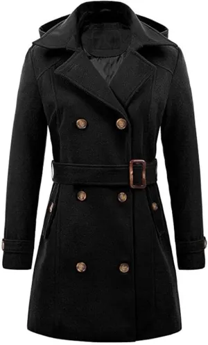 Women Wool Blend Winter Coat Double Breasted Hooded Trench Jacket Casual Business Overcoat Loose Warm Outwear with Belt