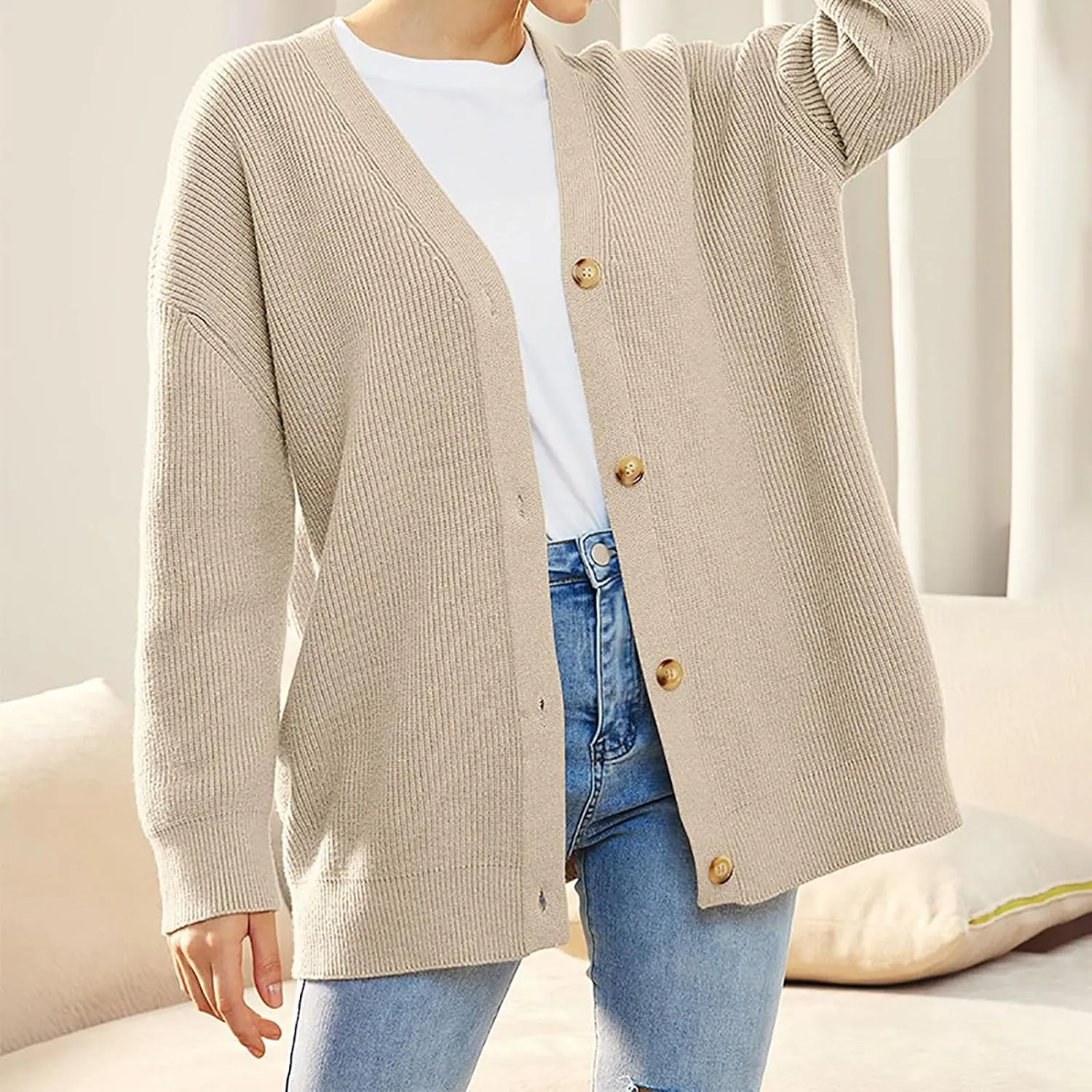 Womens 2023 Fall Sweaters Lightweight Open Front Cardigan Sweaters Button Down Ribbed Knit Sweater Outwear
