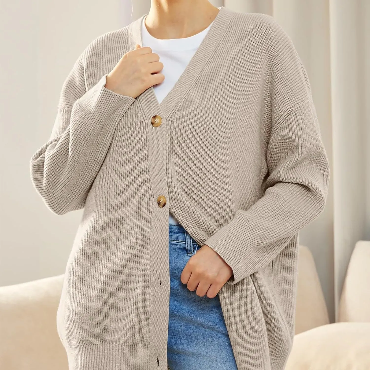Womens 2023 Fall Sweaters Lightweight Open Front Cardigan Sweaters Button Down Ribbed Knit Sweater Outwear